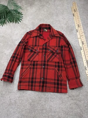 Vintage Woolrich Wool Coat Jacket Mens 36 Red Buffalo Plaid Chore Mackinaw 50 60 - Image 1 of 4