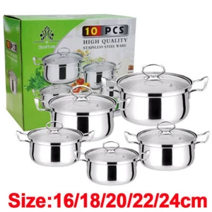 10 Piece Stainless Steel Cookware Saucepan Set Pan Pot Kitchen Cooking Glass Lid - Picture 1 of 12