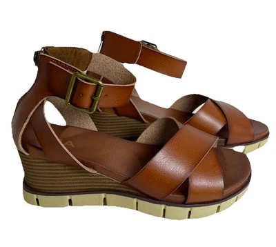 Mia Lauri Wedge Sandals Cognac Sz 7.5M Faux Leather - Image 1 of 4