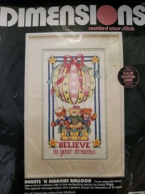 BALLOON Teddy Bears Counted Cross Stitch Kit #3721 Hearts N Ribbons NEW - Image 1 of 4