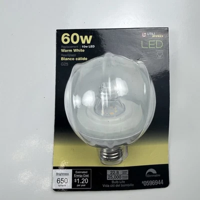 NEW Utilitech Pro G25 LED Light Bulb 10W (60W Eq) 650 Lumens 3000K Dimmable - Image 1 of 4