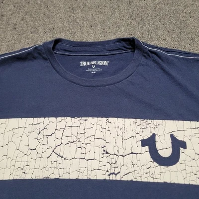 True Religion Shirt Mens Medium Blue White Distress Pull Panel Graphic Tee SS - Image 1 of 4