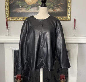 Chicos Faux Leather Jacket Snap Button Up Collarless Black Womens Size 3 - Picture 1 of 9