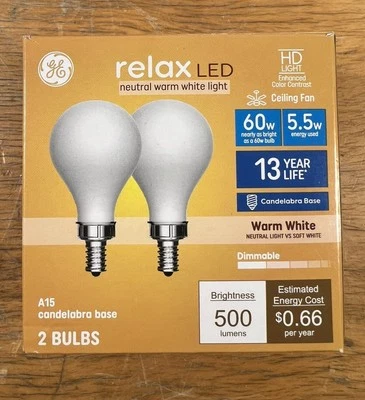 GE Relax 60-Watt EQ A15 Warm White Dimmable Candelabra LED Light Bulb (2-Pack) - Image 1 of 3