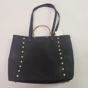 Damen Est 1946 Handtasche Schwarz Gold Ringe Kunstleder Neu - Bild 1 von 6