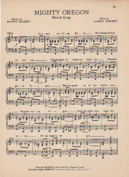 Hoja de canciones de colección UNIVERSIDAD DE OREGON - EUGENE, OR. "Mighty Oregon" c 1945 marzo Foto 1 de 1