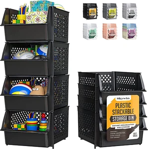 Stackable Storage Bins for Pantry, 4 Pack Stackable Bins Organizing Food (Black) - Picture 1 of 12