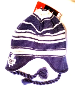 YOUTH TORONTO MAPLE LEAFS KNIT HAT BEANIE SKI CAP NHL W/TASSELS STRIPES NHL NWT - Picture 1 of 1