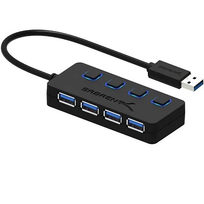 USB Sabrent 4 Port 0 Hub 3 HB Power 2 Switches Individual and LEDs Aluminum Mini - Image 1 of 4