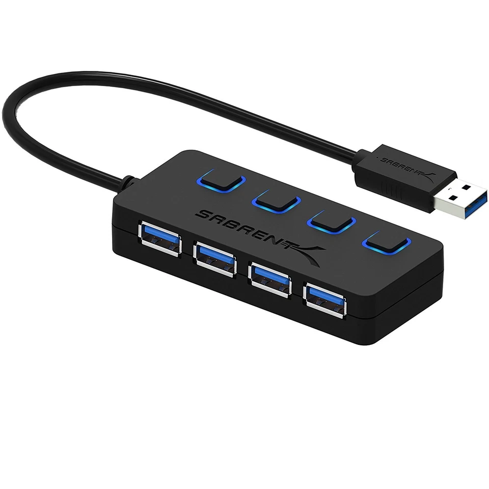 USB Sabrent 4 Port 0 Hub 3 HB Power 2 Switches Individual and LEDs Aluminum Mini - Image 1 of 4