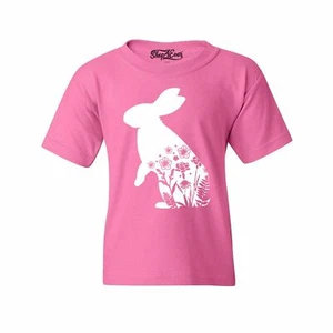 Easter Bunny Spring Flowers Youth's T-Shirt Fun Cute Easter Rabbit Shirts - Picture 1 of 12