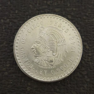 1948 Mexico CUAUHTEMOC CINCO 5 PESOS 30 Gramos 0.900 90% Silver 30g Coin - Picture 1 of 2