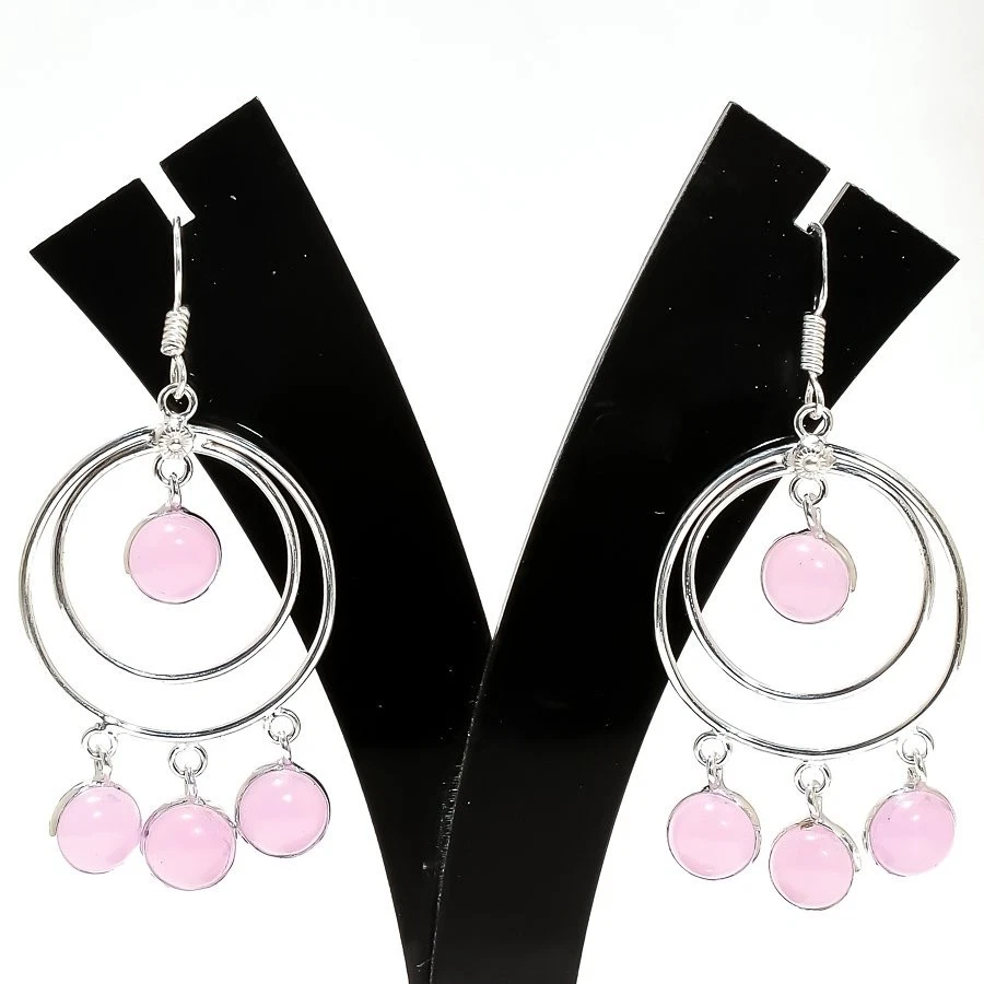 Pink Rose Quartz Gemstone 925 Sterling silver Jewelry Earring Size 2.30" - Image 1 of 1