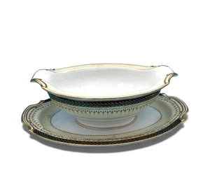 50er Jahre Noritake Goldbalkensoße mit befestigtem Unterteller 9,5 x 6 x 3 cm - Bild 1 von 3