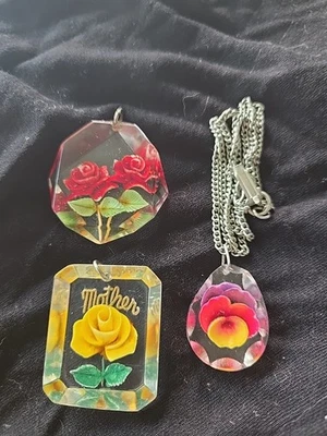 3 VINTAGE 1950- 1960 Reverse Painted LUCITE Flower Pendants Clear Oval Charm Lot - Image 1 of 4