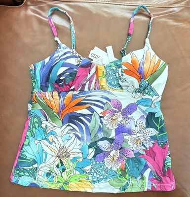 ¡NUEVO! TRINA TURK Tankini Camiseta de Natación Sin Blancos Tropical Correas Ajustables Babydoll 14 Nueva con Etiquetas Foto 1 de 4