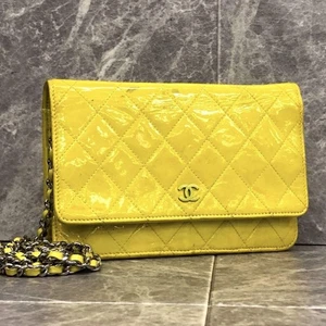 CHANEL Matelasse Yellow Patent Leather Chain Wallet Shoulder Bag 19cm Authentic - Picture 1 of 19