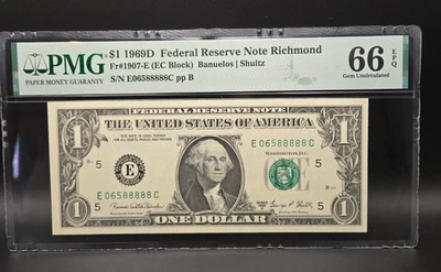 $1 1969 D FRN Richmond "LUCKY 8s" PMG 66 EPQ 5 "8s" in a row! - Image 1 of 3
