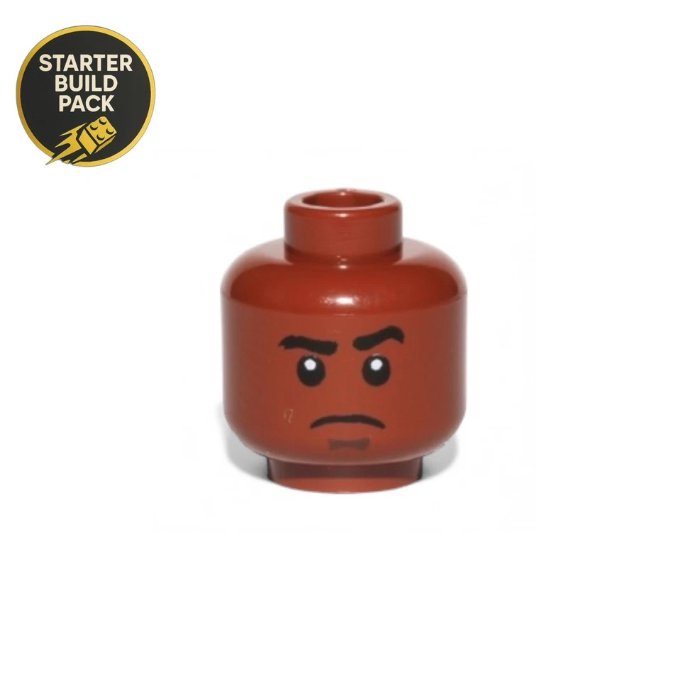 Minifigura Lego, cabeza cejas negras, levantada a la izquierda, hoyuelo en la barbilla marrón oscuro, ceño fruncido Foto 1 de 1