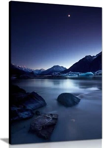 Cielo nocturno azul y luna sobre el río enmarcado en lona arte de pared decoración del hogar - Imagen 1 de 6