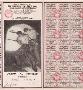 SOCIETE NOUVELLE DES VERRERIES DE VERTOU - ACTION AU PORTEUR 1920 -FRANCE NANTES - Imagen 1 de 2