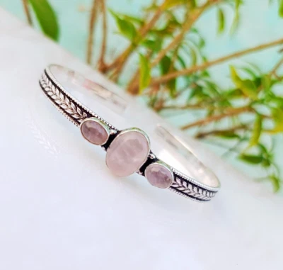 Brazalete de cuarzo rosa de plata de ley 925 ajustable hecho a mano brazalete pulsera joyería Foto 1 de 4