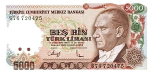 Turkey ... P-198 ... 5000 Lirasi ... L.1970 (1990) ... Gem *UNC*  Prefix "G" - Picture 1 of 2