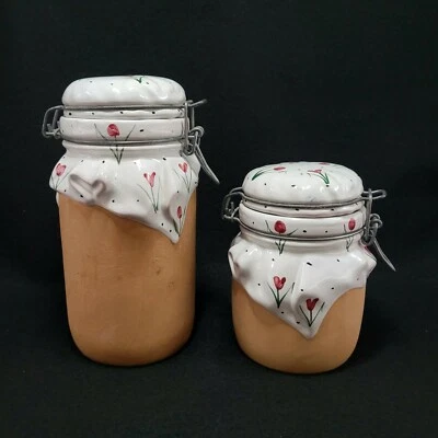 Vintage Art Pottery Canisters Italian Bail Lid Clasp Hand-painted Roses Set of 2 - Image 1 of 4