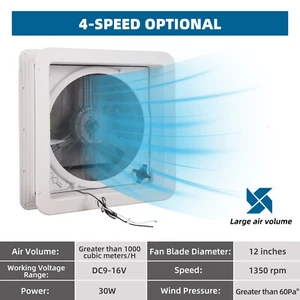Ventilador de ventilación de techo para autocaravana 14" 12V ventilador de aire de 4 velocidades hoja de 12" de diámetro para autocaravana cámper - Imagen 1 de 7