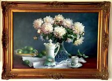 VINTAGE MID-CENTURY STILL LIFE OIL PAINTING - ANTIQUE CHINA FLOWERS FRUIT