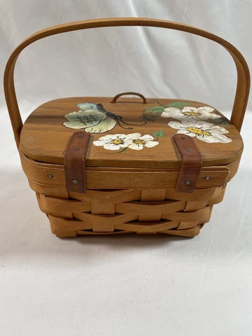 Longaberger 1997 Flower Bee Kiddie Picnic Basket Leather Hinges Swing Handle Cover