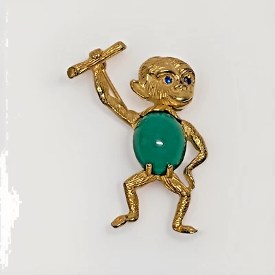 Pin Mono Oro Amarillo, Oro Amarillo 14K, Cuerpo Piedra Verde, Ojos Azules 5.4, G 1.5" Foto 1 de 4