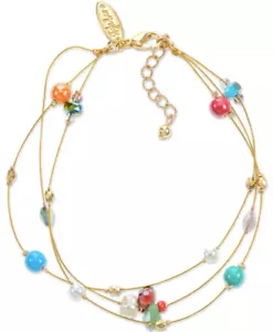 STYLE & CO GOLD-TONE MIXED MULTICOLOR BEAD TRIPLE ROW ANKLE BRACELET NWT 9" NEW - Picture 1 of 3