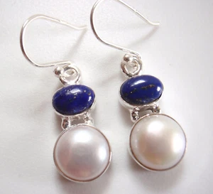 Lapis Lazuli and Cultured Pearl 925 Sterling Silver Dangle Earrings - Picture 1 of 4