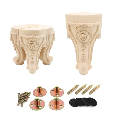 Paquete de 4 patas de muebles de madera tallada maciza sin terminar INKNOTE estilo europeo rep... Foto 1 de 4