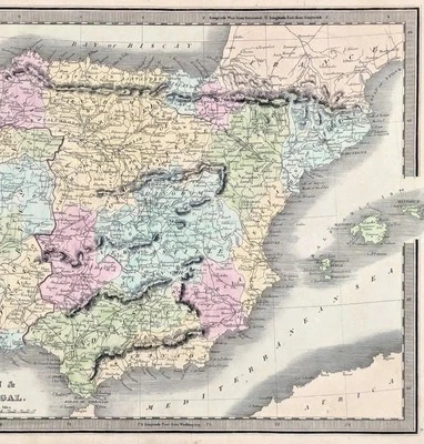 1848  SPAIN - PORTUGAL  Map ORIGINAL Jeremiah Greenleaf (12x10)  MADRID LISBON - Image 1 of 4