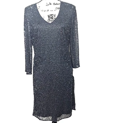 Vestido Pisarro Noches Cuentas Malla Transparente Talla 14 Gris Pizarra Evento Fiesta Formal Foto 1 de 4