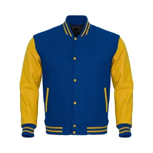 Wool Royal Blue Body Yellow Leather Sleeve Varsity Jacket Mens Size L - Picture 1 of 5