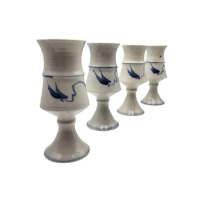 VTG De Veth Cairns Studio Australia Beige Blue Leaf Set of 4 8oz Pottery Goblets - Picture 1 of 10