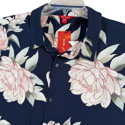 NEW GUESS Mens XL Slim Fit Short Sleeve Button Up Shirt Blue Floral Print - Image 1 of 4