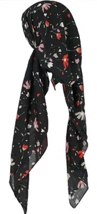 Cotton Pre Tied Black Floral Head Scarf, Long Tails, Headwear - Picture 1 of 8
