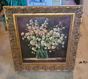 Blumengemälde Öl auf Leinwand von Tricia May im goldenen Barockstilrahmen - Bild 1 von 8