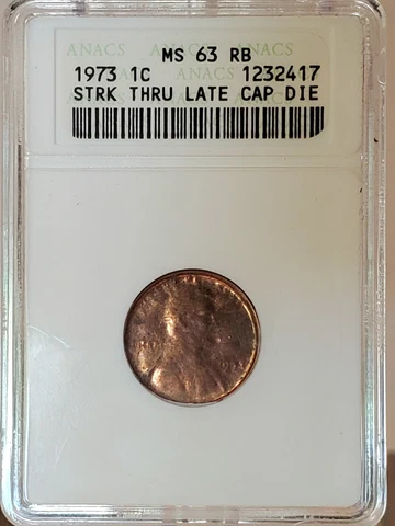 1973 Lincoln Cent Struck Thru Late Capped Die ANACS MS 63 RB Cover