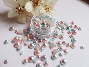 Mermaid Pearls Mixed Pot Round Pink Blue Fade Effect Flat Back Nail Art Gems M1