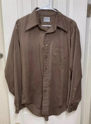 Camisa Manga Larga Vintage Años 70 Marrón Polialgodón, Cuadrada Belgrave, Talla 16.5x35 Foto 1 de 4