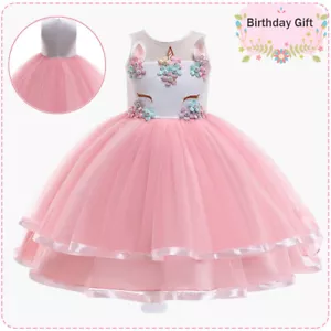 Girls Unicorn Dress up Flower Kids Party Birthday Bridesmaid Dresses Princess - Picture 1 of 10