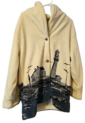 Izzi Teddy Coat Smoking Jacket Vtg Shawl Collar Maine New England Lighthouse L - Image 1 of 4