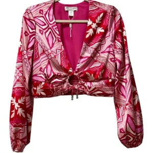 Neu Caroline Constas atemberaubendes bauchfreies Oberteil Satin rosa/rot Glockenärmel Medium - Bild 1 von 6