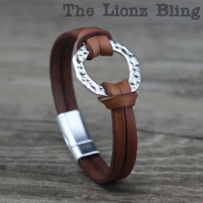 Urban Rustic Hammered Metal Ring Pendant on Brown Genuine Split Leather Bracelet - Image 1 of 4