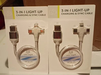 2 Packs New Vivitar 3-in-1 Light-up charging Sync cable USB-C Micro Apple 8-pin - Image 1 of 2
